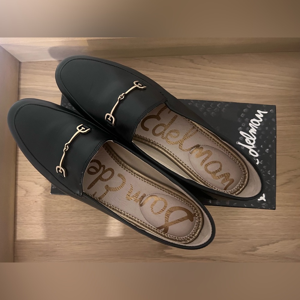 Sam Edelman Black Leather Loafers with Gold Detail